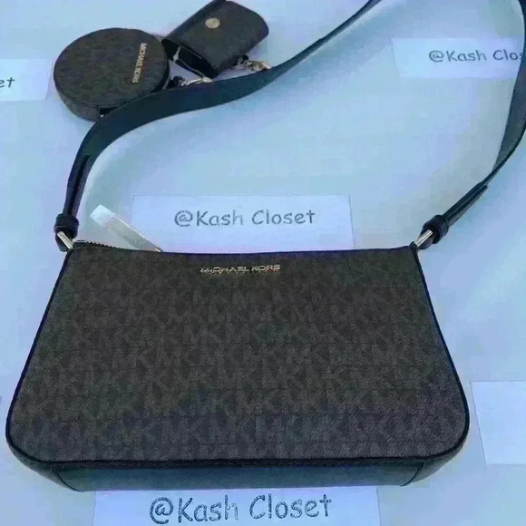 Michael Kors Tech Attach Crossbody Coin Purse Airpod Case MK Signature Blk Brn - Picture 2 of 5